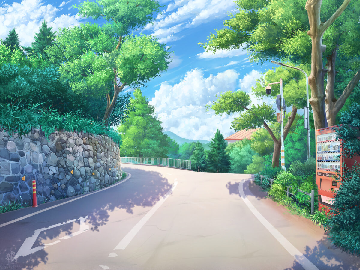Аниме Roadscape спокойный улица и деревья под облака
