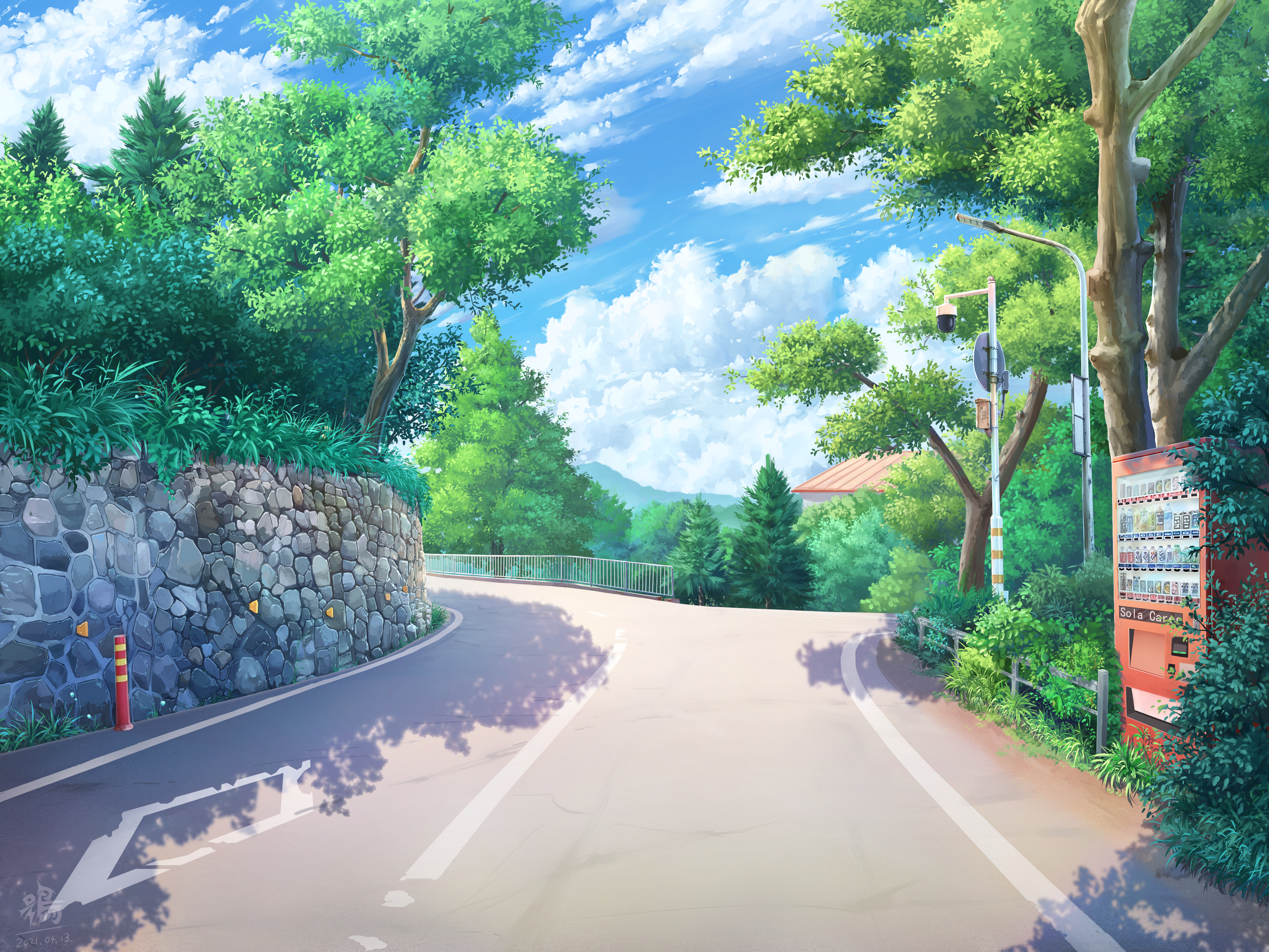 Аниме Roadscape спокойный улица и деревья под облака