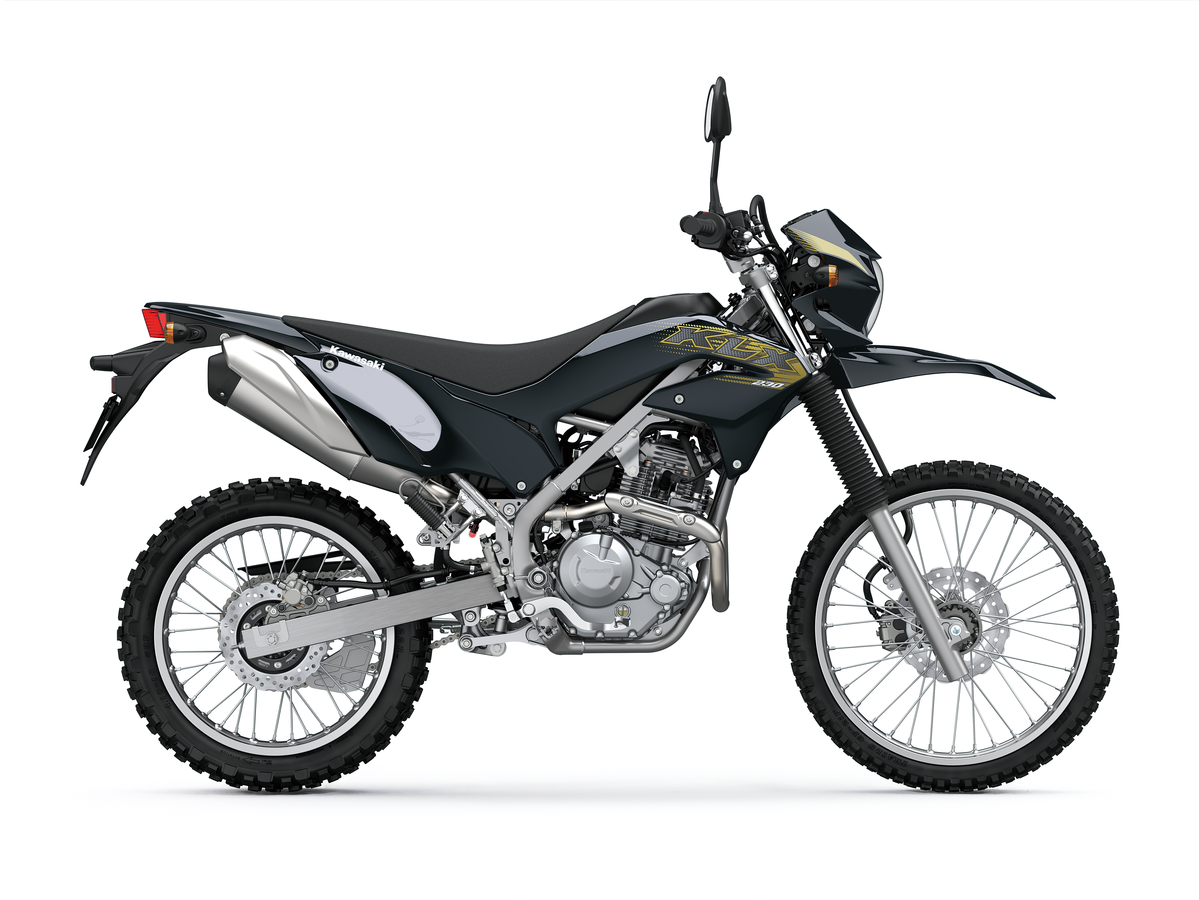 На белом фоне гоночный мотоцикл Kawasaki KLX230