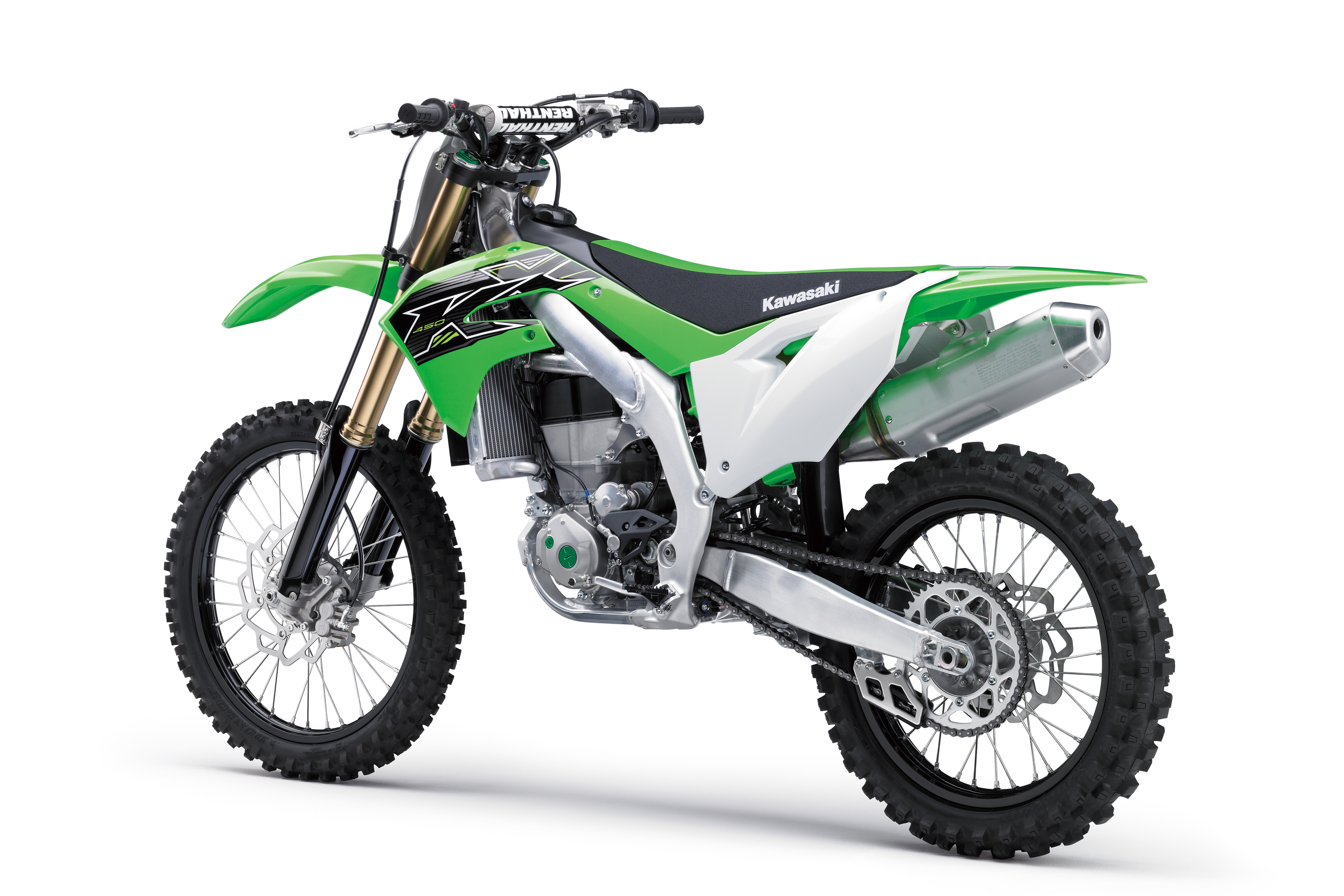 На белом фоне зеленый мотоцикл Kawasaki KX450