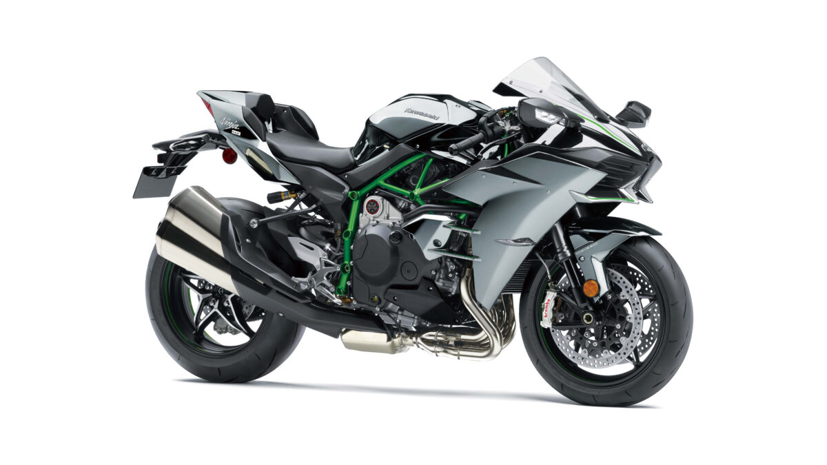 На сером фоне мотоцикл Kawasaki Ninja H2, 2019